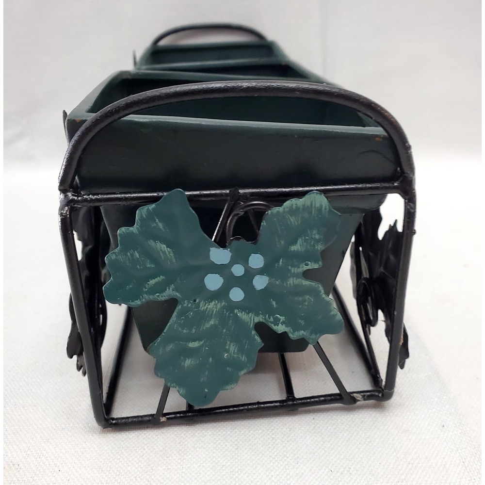Vintage Square 3 Green Clay Pots With Metal Ivy‎ Leaves Planter Rack 11" x 4" - Picture 2 of 9